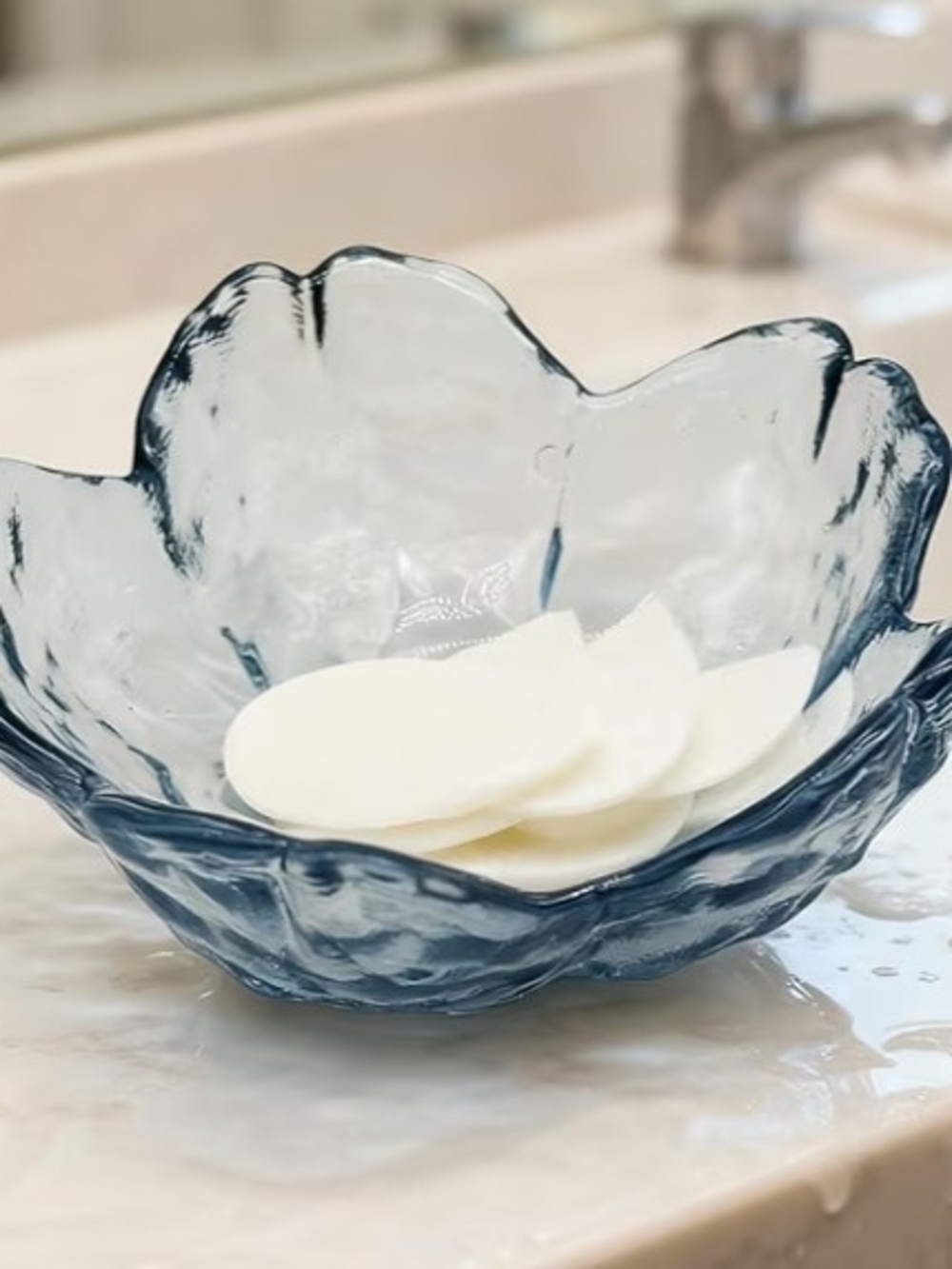 3 Pc Beautiful Glass Blue Cherry Blossom Jewelry Trinket Soap Dish Bowl Holder